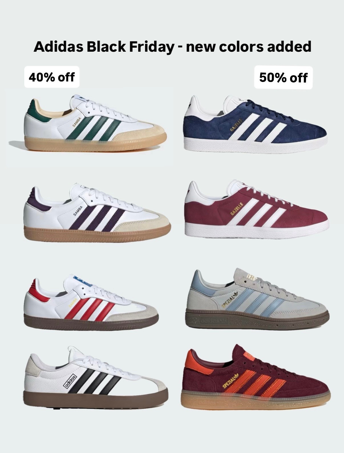 Adidas Black Friday new colors added!

• samba and gazelle are fairly TTS. I take size 5 women’s

• handball spezial is their more supportive lifestyle sneaker style and runs about half size big. I take size 5 women’s for a roomy fit, or ppl with small feet can get kids sizes. A kids 3.5 = women’s 5

All sale styles linked are women’s except for the gray and blue handball sneakers which are big kids

 

#LTKTravel #LTKGiftGuide #LTKCyberWeek