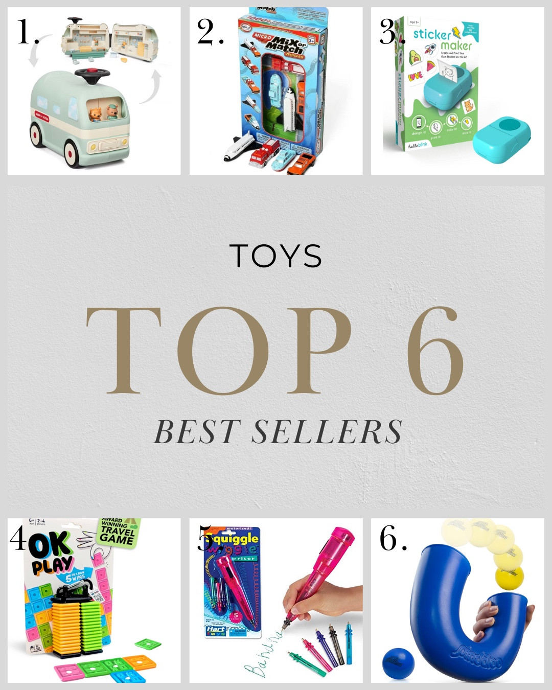 Here’s the top 6 best selling TOS from last week! The ride on toy that opened up for play, our favorite mix n match vehicles, the sticker maker, our favorite on the go game, the squiggle pen we loved as xs kids, and the Pindaloo to test your juggling skills.  

#GiftsForKids #KidsGifts #GiftGuideForKids #BestSellingToys #GiftsForBoys 

#LTKGiftGuide #LTKKids #LTKCyberWeek