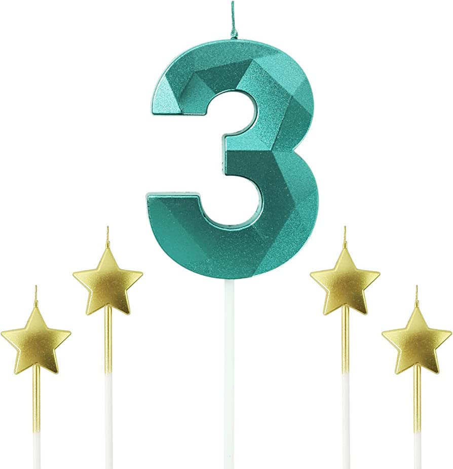Green Number 3 Birthday Candles and Star Birthday Candles 2.76 inch Birthday Cake Candles 3D Diam... | Amazon (US)