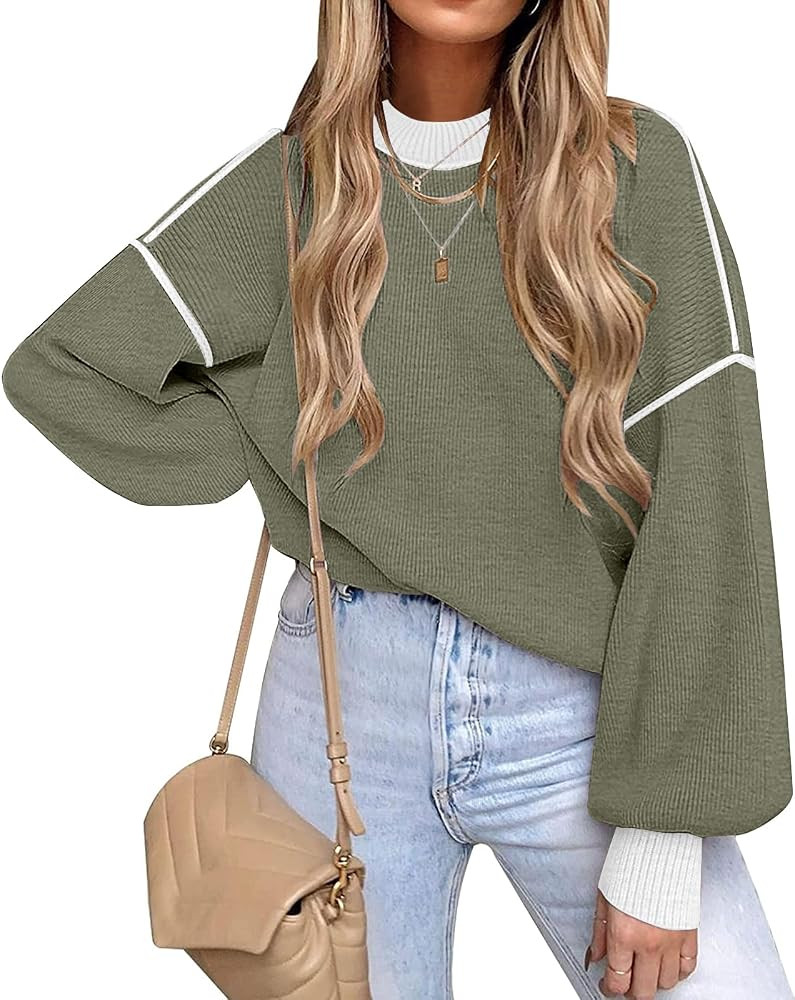 ETCYY Womens Sweaters Fall 2025 Batwing Long Sleeve Side Slit Knit Tops Crew Neck Striped Oversiz... | Amazon (US)