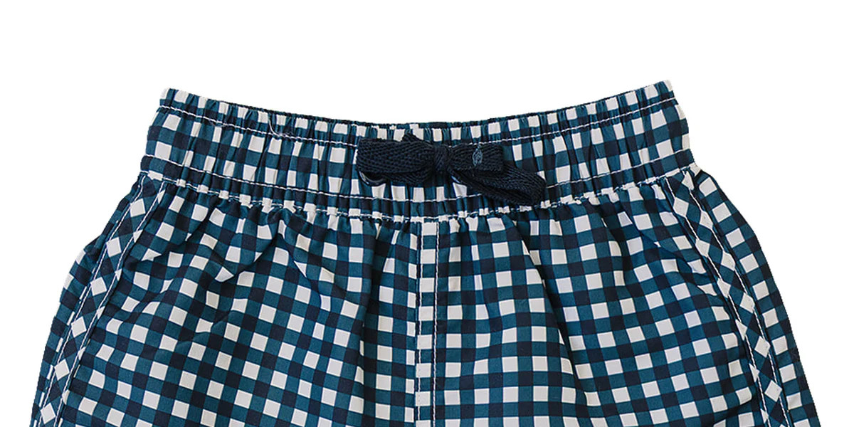Navy Gingham Swim Shorts | Mebie Baby