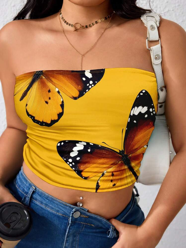 INAWLY Curve Plus Size Butterfly Graphic Print Tube Top | SHEIN
