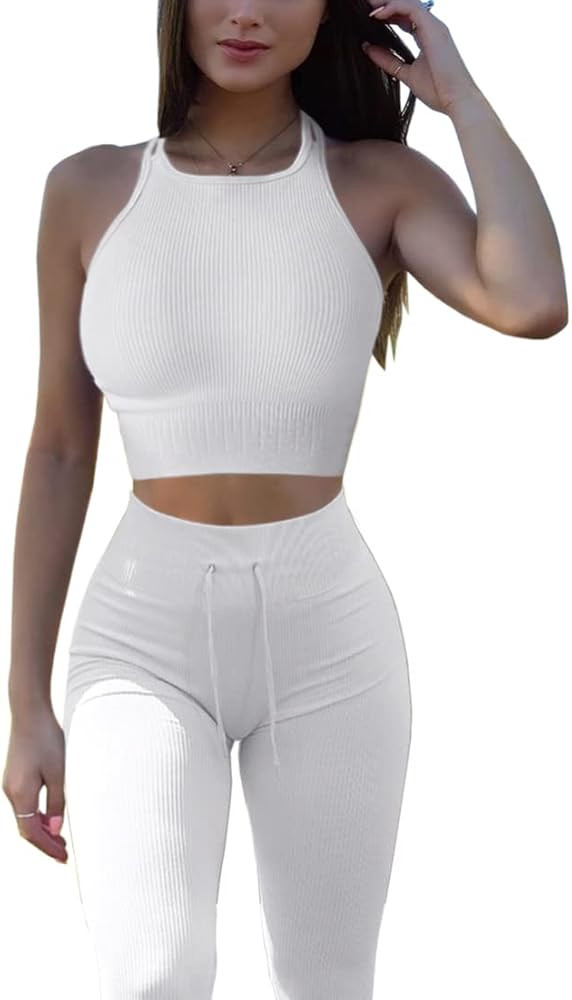 QINSEN Seamless Workout Outfits for Women 2 Piece Ribbed Crop Tank High Waist Yoga Leggings Sets | Amazon (US)