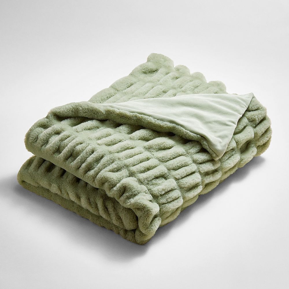 Ruched Recycled Faux-Fur Throw, 45x60, Sage | Pottery Barn Teen