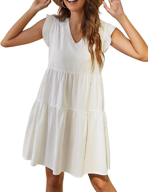 Kate Kasin Women's Summer Mini Dress Casual Sleeveless Ruffled Sleeve V Neck Loose Swing A Line F... | Amazon (US)