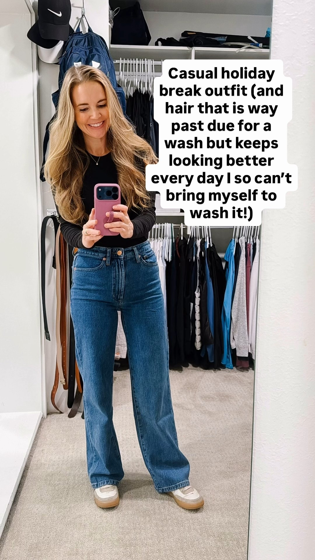 These jeans are so good (true to size and I’m just shy of 5’4”) - use the code DJXLAW20

This long sleeve tee is under $9 and on constant repeat for me (I have it in white too and it comes in a lot of colors) 

And my beloved Nikes I’ve worn all over the world (on sale right now!) 