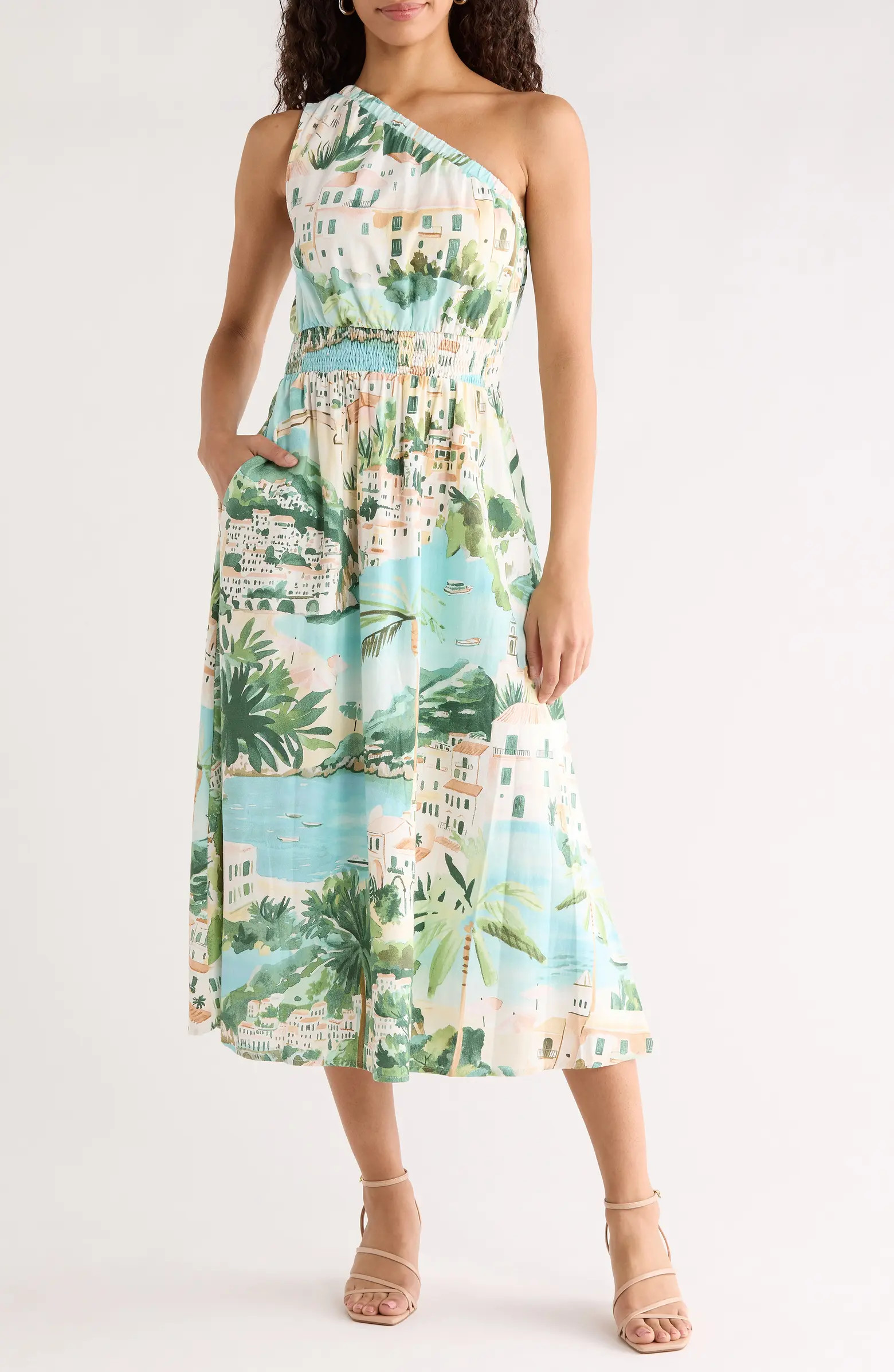 Piti Town Islay Smocked One-Shoulder Midi Dress | Nordstrom