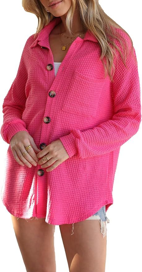 Naggoo Womens Long Sleeve Button Down Shirts Waffle Knit Shacket Jacket Oversized Blouses Tops | Amazon (US)