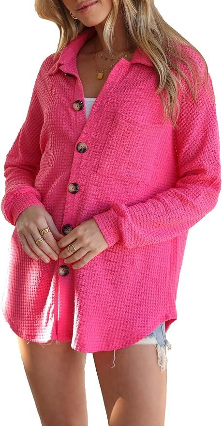 Naggoo Womens Long Sleeve Button Down Shirts Waffle Knit Shacket Jacket Oversized Blouses Tops | Amazon (US)