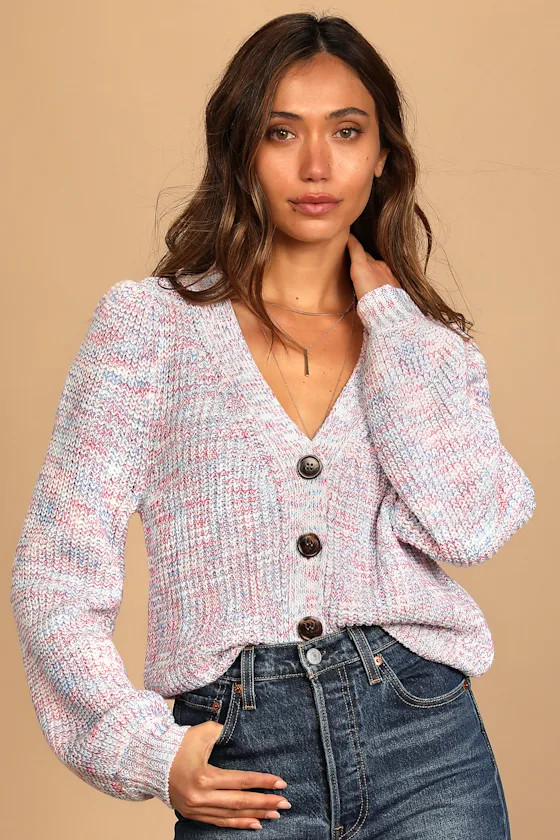 Bright and Cozy White Multi Knit Button-Up Cardigan Sweater | Lulus (US)