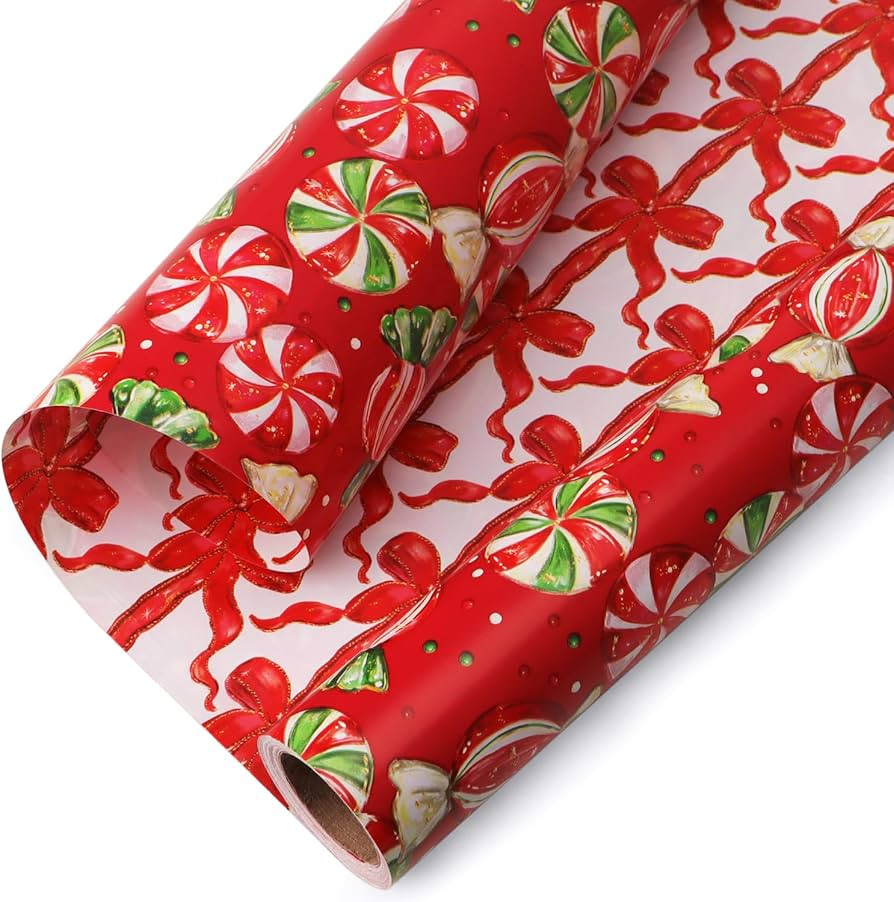 Ribbli Christmas Wrapping Paper Mini Roll Reversible Red Christmas Candy and Bow Gift Wrapping Pa... | Amazon (US)