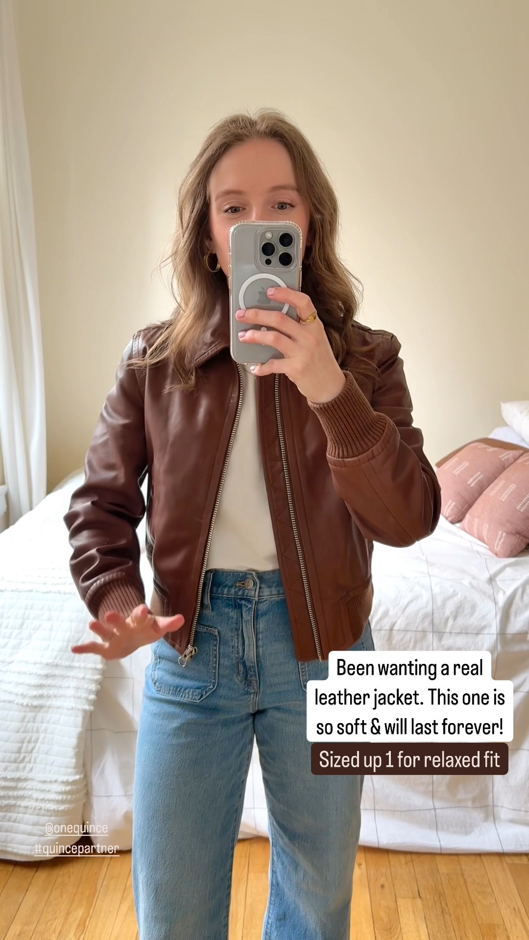 The prettiest leather jacket that will last forever! Plus free shipping Sized up 1 for relaxed for. #quincepartner @onequince

#LTKStyleTip