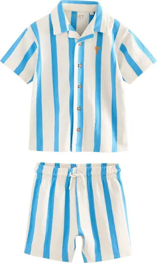 NEXT Kids' Stripe Knit Cotton Blend Camp Shirt & Drawstring Shorts Set | Nordstrom | Nordstrom