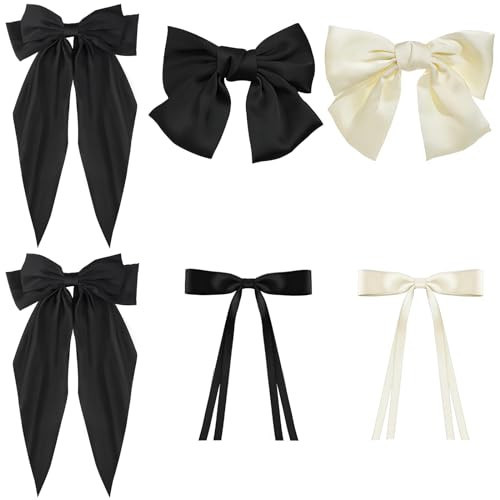 JUNEBRUSHS 6 Pcs Hair Bows for Women, 2 Pcs Oversized Long Tail Hair Bows & 2 Pcs Hair Ribbon Bows& 2 Pcs Silky Satin Hair Bows, Cute Aesthetic Hair Barrettes Hair Accessories (Black, Beige) | Amazon (US)