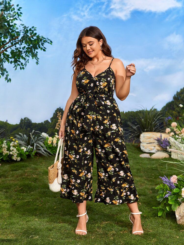 New
     
      SHEIN Plus Floral Print Wide Leg Belted Cami Jumpsuit | SHEIN