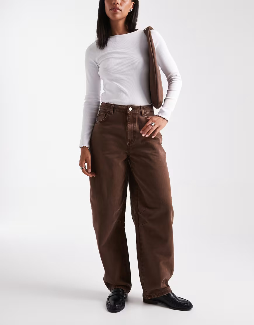 Miss Selfridge barrel leg jeans in chocolate wash-Brown | ASOS (Global)