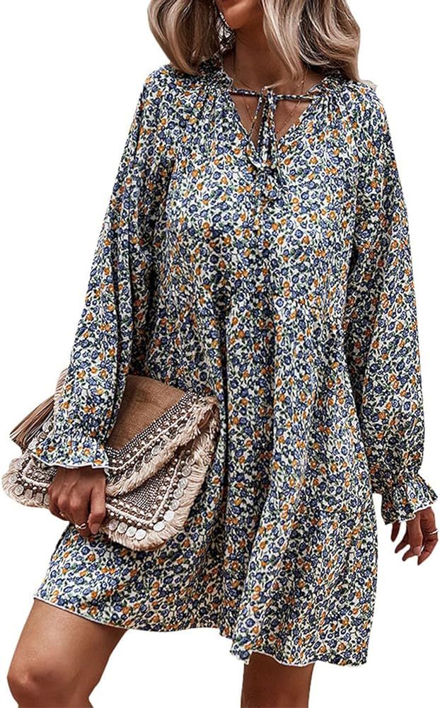 AELSON Womens Fall Long Sleeve Casual A-Line Boho Dresses Ruffle Trim Sexy Lace Up Neck Floral Fl... | Amazon (US)