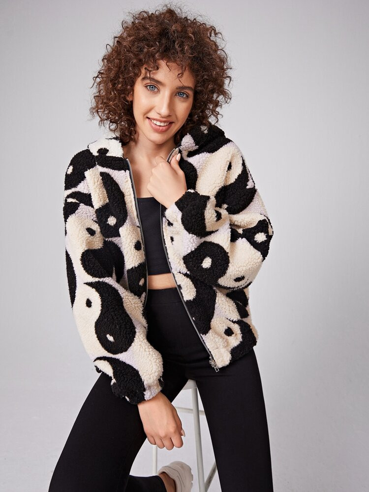 SHEIN Yin & Yang Print Zip Up Hooded Teddy Jacket | SHEIN