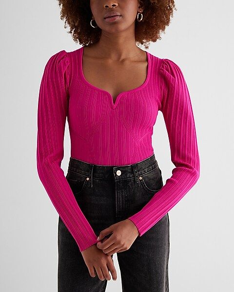 Ribbed Sweetheart Neckline Puff Sleeve Sweater | Express