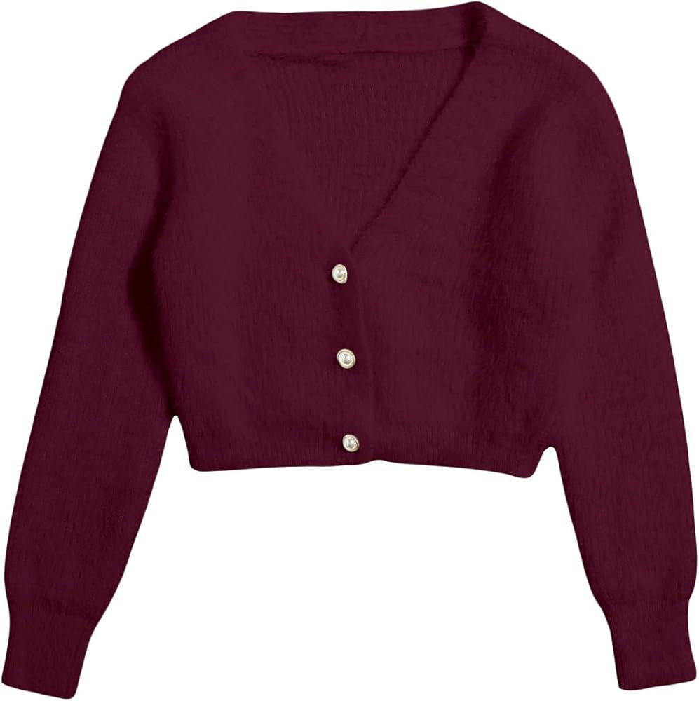 GORGLITTER Women's Fuzzy Crop Sweater Cardigan 2025 Winter Holiday Outfits Chunky Pearl Button Do... | Amazon (US)