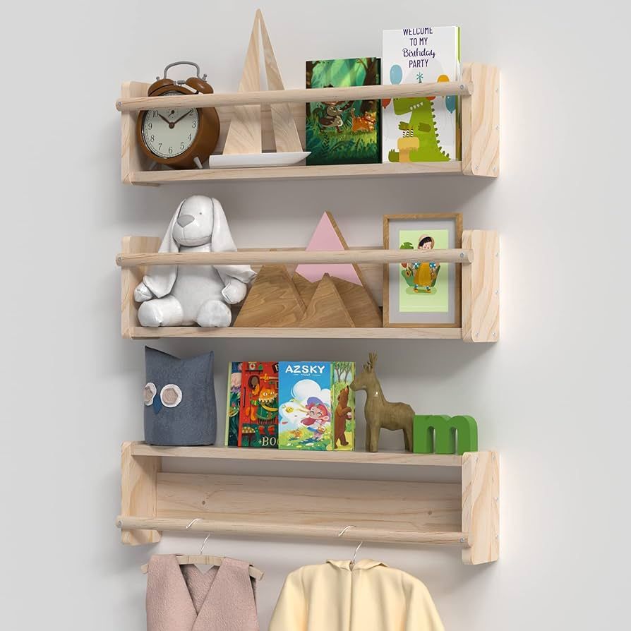 AZSKY Floating Bookshelf for Wall Nursery Shelves Kid Room Shelf Natural Wood 24 Inch Wall Mount ... | Amazon (US)