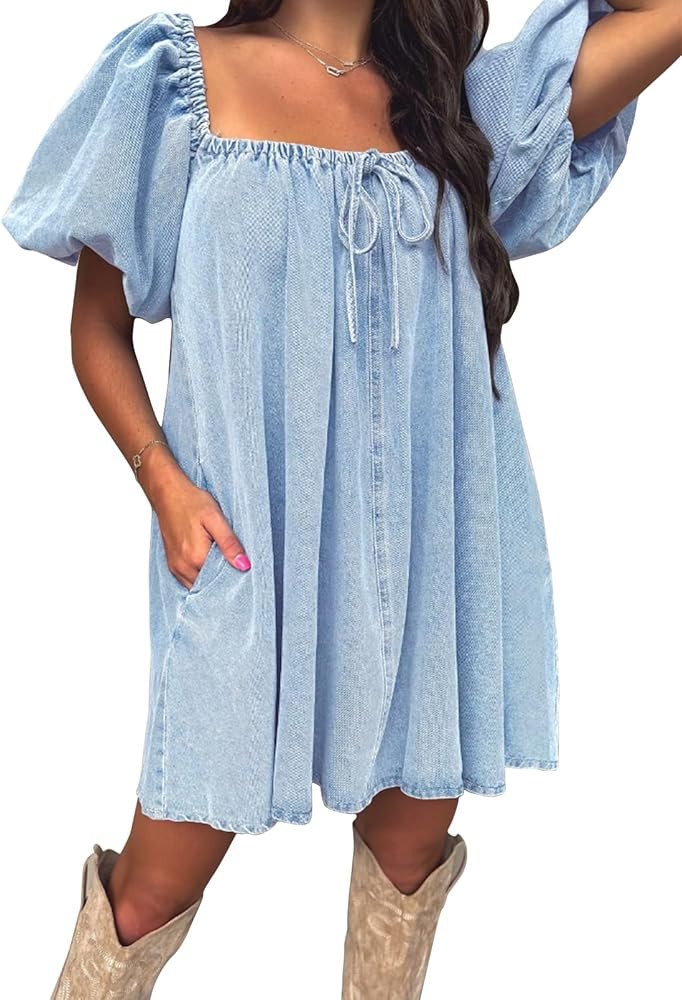 EXLURA Womens Summer Denim Short Puff Sleeve Dresses Knit Loose Plus Size Short Mini Dress 2025 T... | Amazon (US)