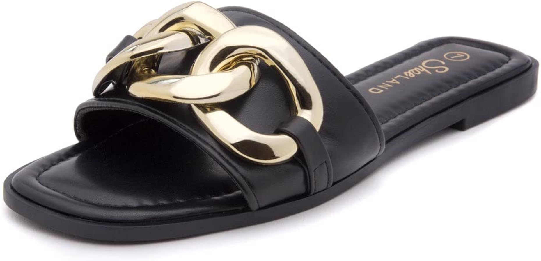 Amazon.com | Shoe Land Womens EMMA Flat Sandals Square Open Toe Single Band Slides, Black, Size 1... | Amazon (US)