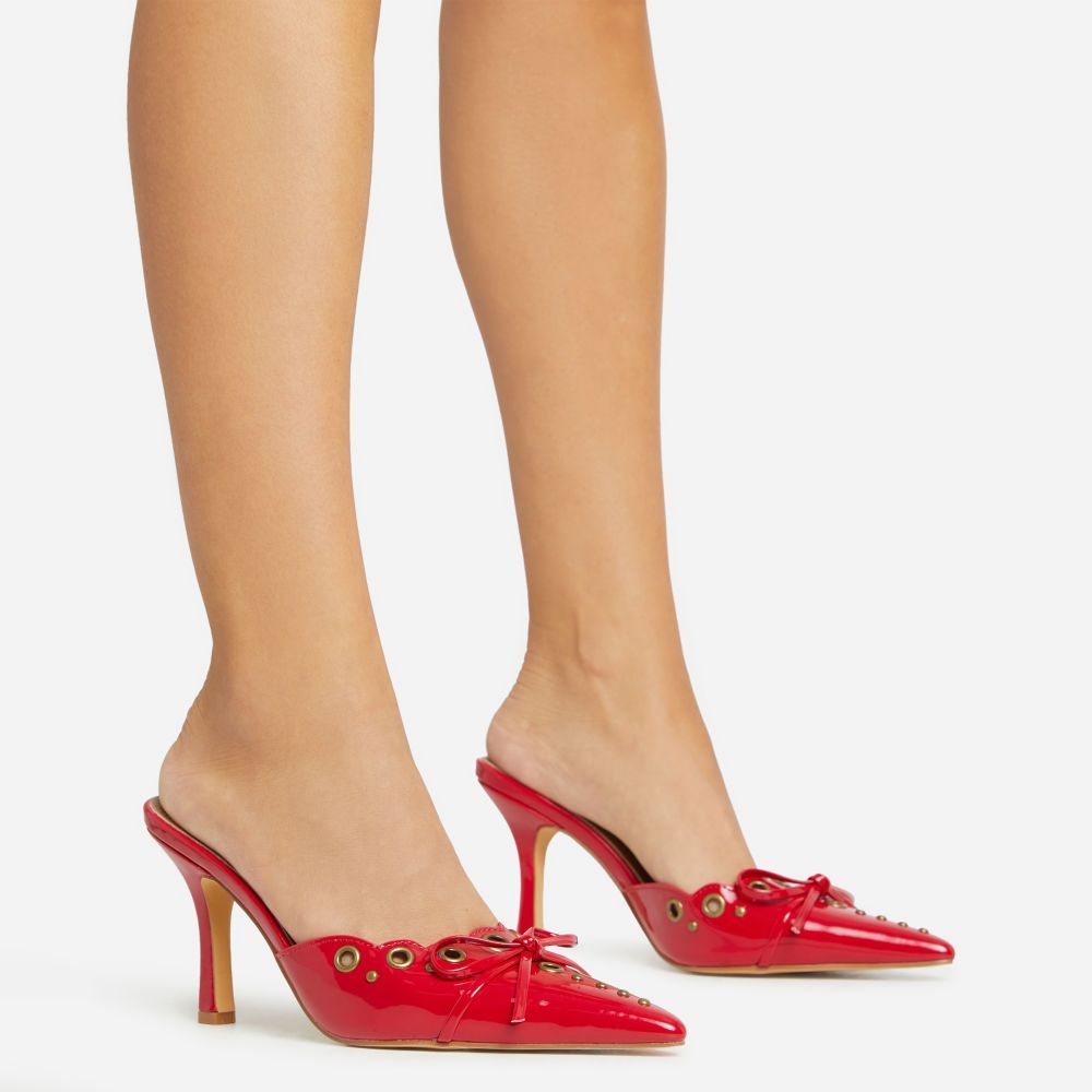 Charisma Eyelet Detail Pointed Toe Court Heel Mule In Red Patent | Ego Shoes (UK)