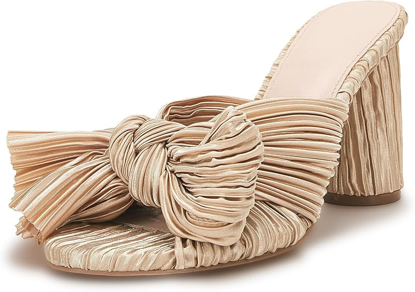 VETASTE Women's Pleated Bow Knot Heeled Sandals Comfortable Slip On Open Toe Block Chunky Heel Sl... | Amazon (US)