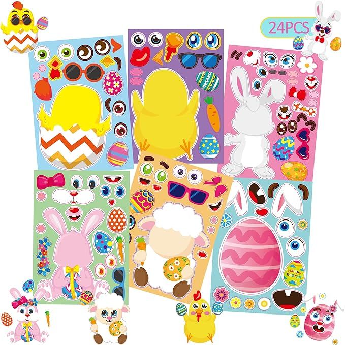 YNERHAI 24sheets Easter Stickers Gifts for Kids, Easter Craft Kids Toys Can Make Own Face Easter ... | Amazon (US)