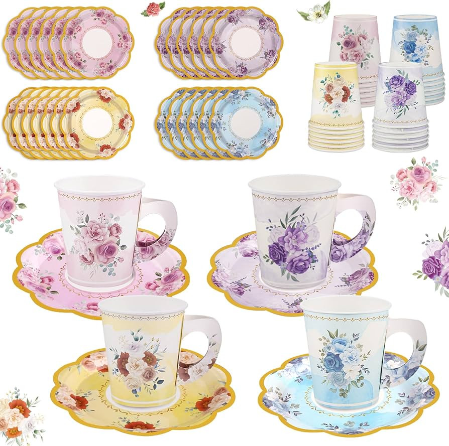 NatNarr 24 Sets Disposable Paper Tea Cups 7 OZ Floral Tea Party Cups with Handle and Plates Teacu... | Amazon (US)