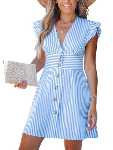 CUPSHE Women's Striped Summer Dresses V Neck Casual Mini Dress Flutter Sleeve Ruffle Button Sundresses Blue L | Amazon (US)
