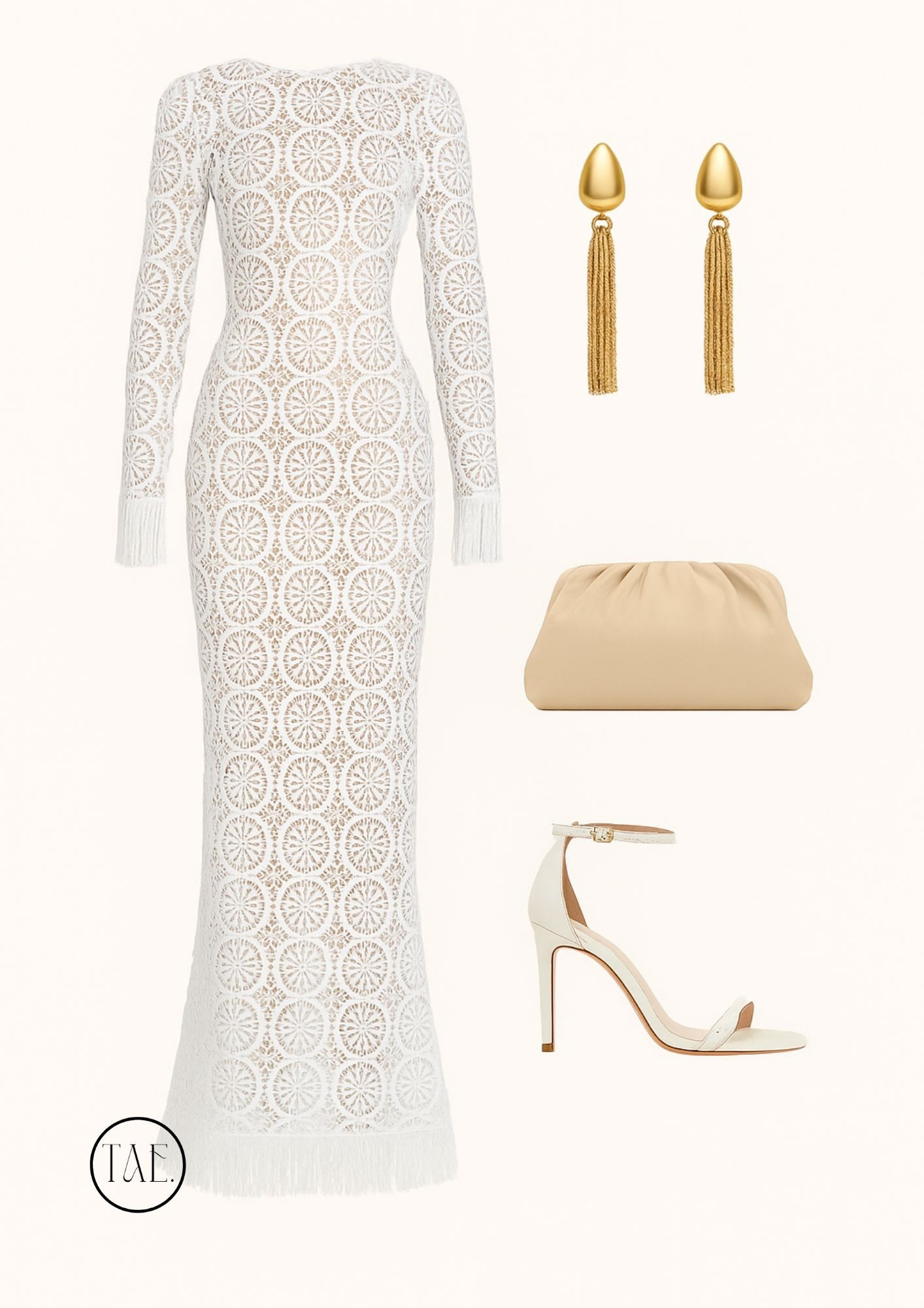 This lace crochet maxi is giving Mediterranean goddess energy. Styled with statement gold drop earrings, a ruched neutral clutch, and strappy ivory heels — it’s everything for a sunset dinner, coastal getaway, or destination celebration. Linked everything you need to recreate this look 💌