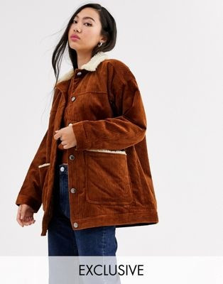 Monki cord jacket with fleece collar in brown | ASOS US