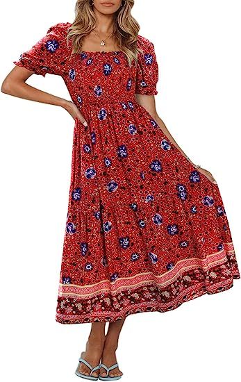 ZESICA Women's Summer Boho Floral Print Square Neck Ruffle Swing Beach Long Maxi Dress | Amazon (US)