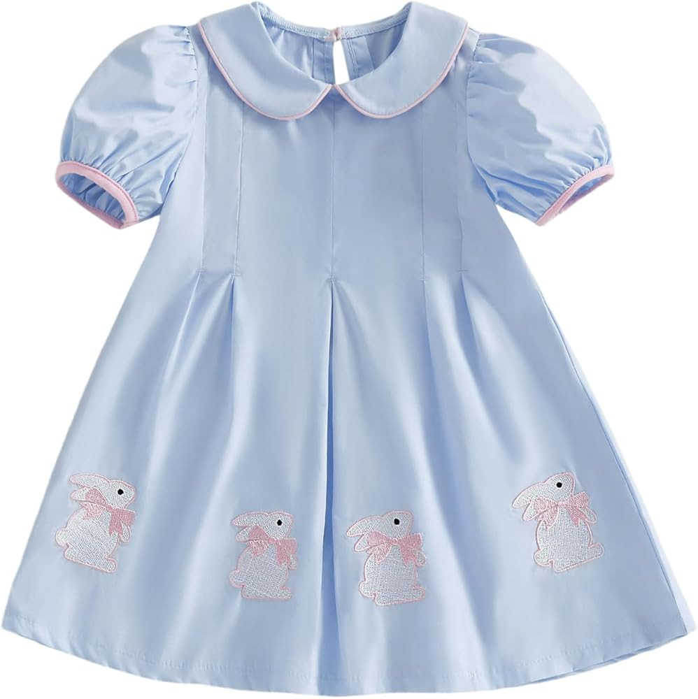 Toddler Baby Girls Easter Dress Bunny Embroidery Short Sleeve Smocked Dresses Easter Outfit A-Lin... | Amazon (US)