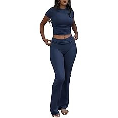 ZFLM Casual Workout Two Piece Outfits for Women Short Sleeve Crop High Waist Foldover Flare Pants... | Amazon (US)