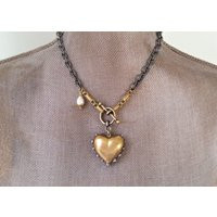 Chunky Gold Heart & Baroque Pearl Necklace, Love Token, Valentines Day Gifts, Toggle Necklace With Artisan Pendant, Verydonna | Etsy (US)