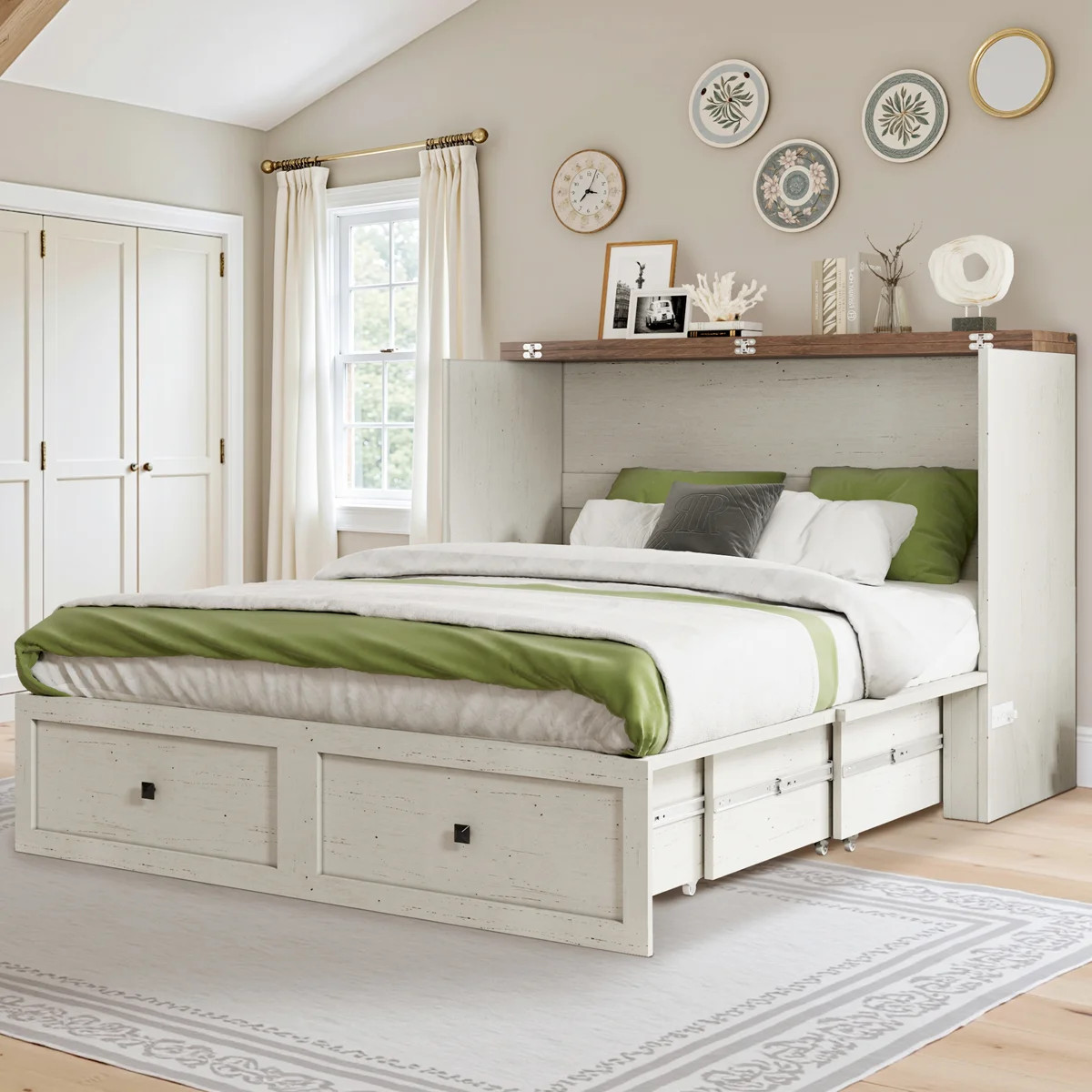 Farmhouse Queen Murphy Bed With Charging Station &  Fold Mattress Included, White | Wayfair North America