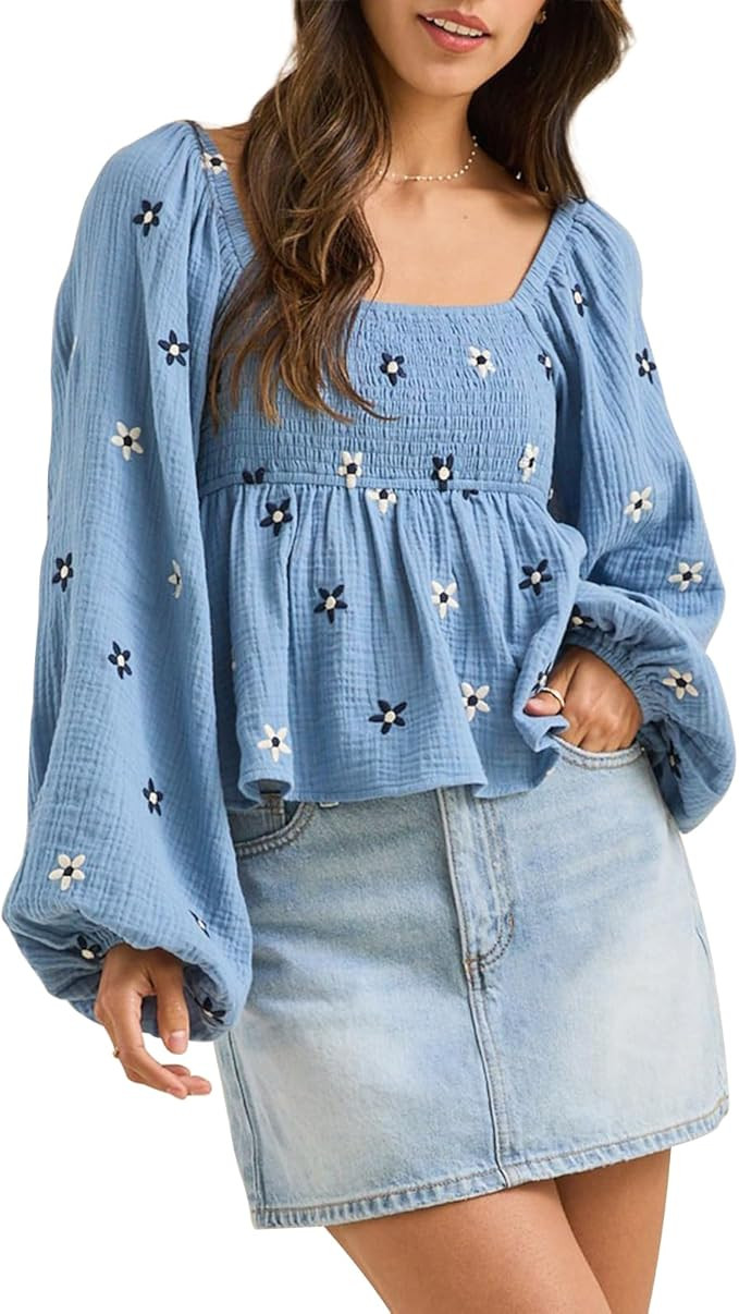 Women Floral Embroidered Blouses Long Lantern Sleeve Smocked Top Y2k Square Neck Babydoll Shirts ... | Amazon (US)
