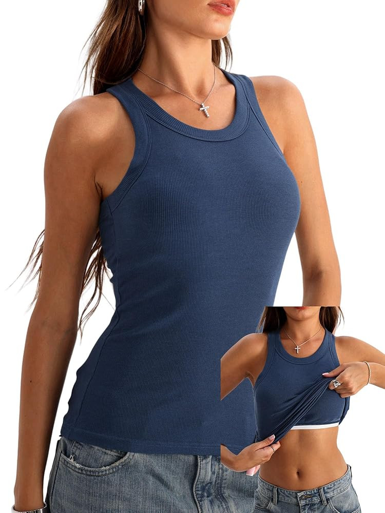 Danysu Racerback Tank Tops with Built in Bra for Women High Neck Ribbed Basics Fitted Long Bra Ta... | Amazon (US)