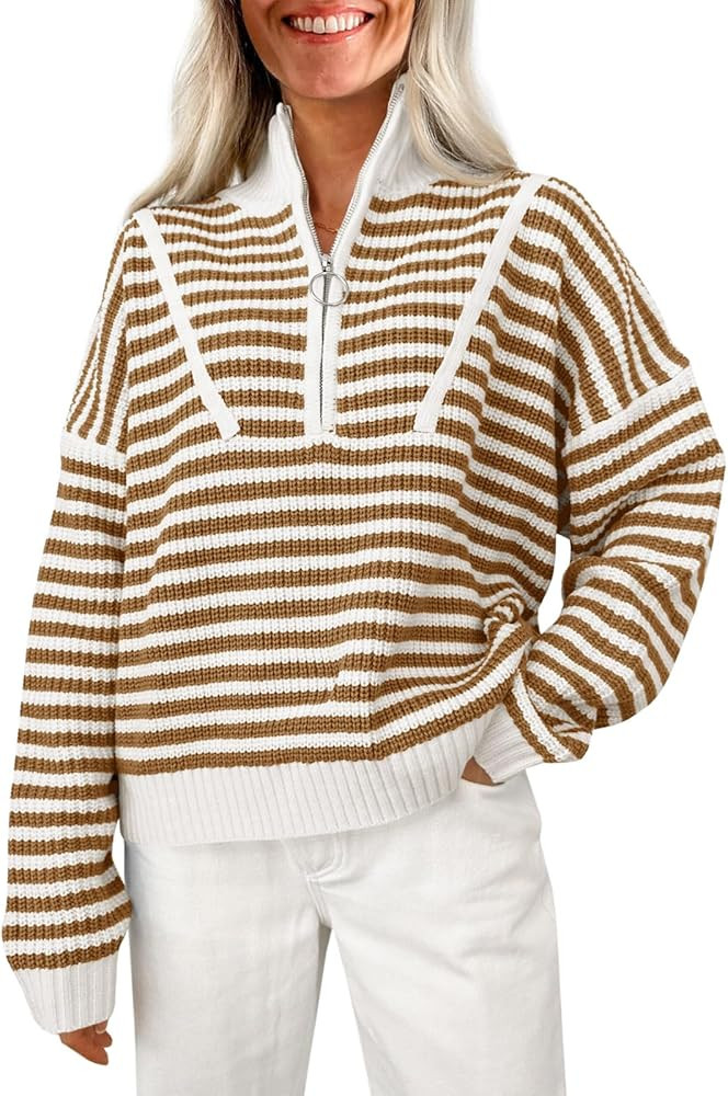 Saodimallsu Womens Striped Sweaters Quarter Zip V Neck Collared Long Sleeve Ribbed Knit Loose Pul... | Amazon (US)