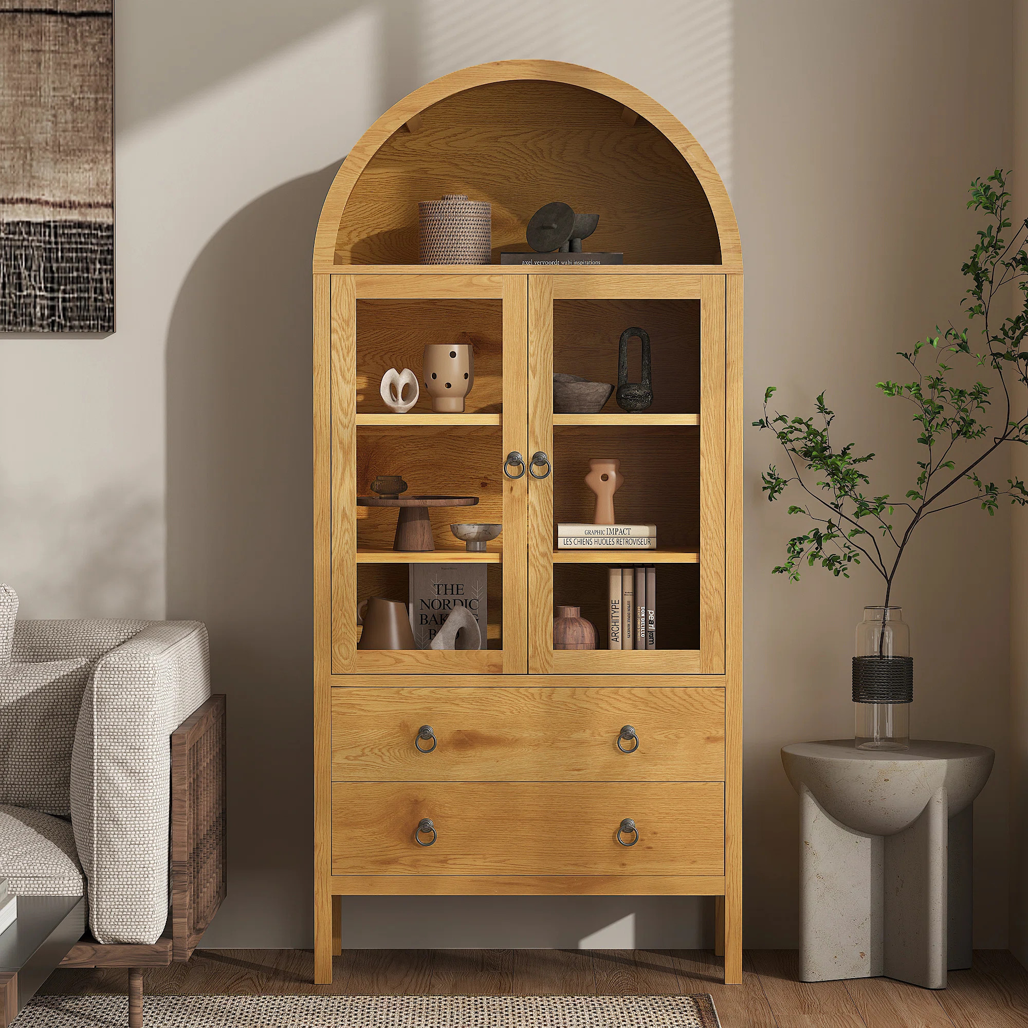 70.87''H Arched Alaurah Storage Bookcase Cabinet with Adjustable Shelves and 2 Drawers | Wayfair North America