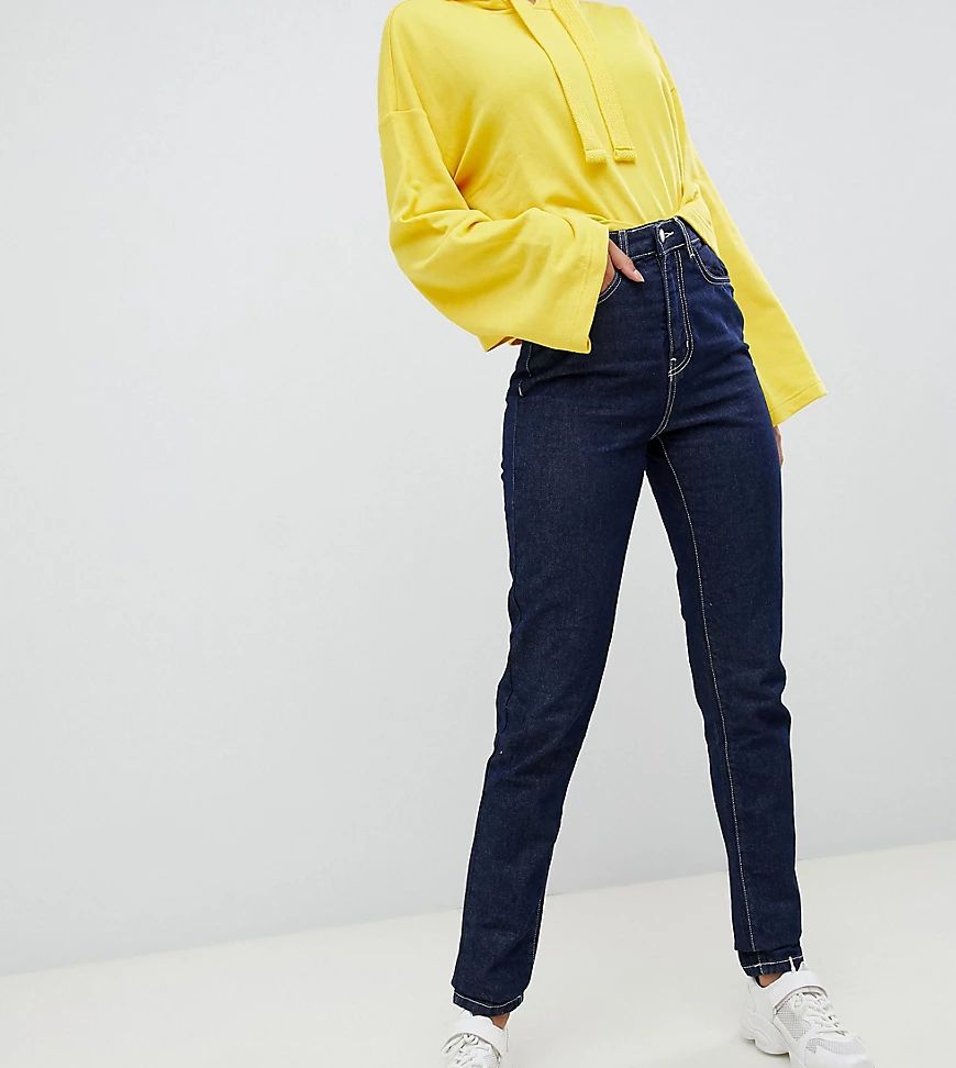 Noisy May Tall dark wash contrast stitch mom jean in blue | ASOS (Global)