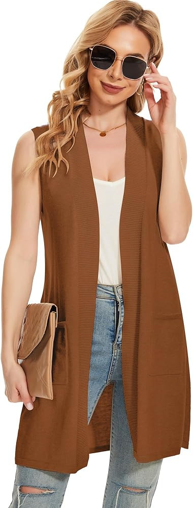 Moss Rose Long Vest for Women Sleeveless Lightweight Open Front Cardigans Ribbed Knit Outwear wit... | Amazon (US)