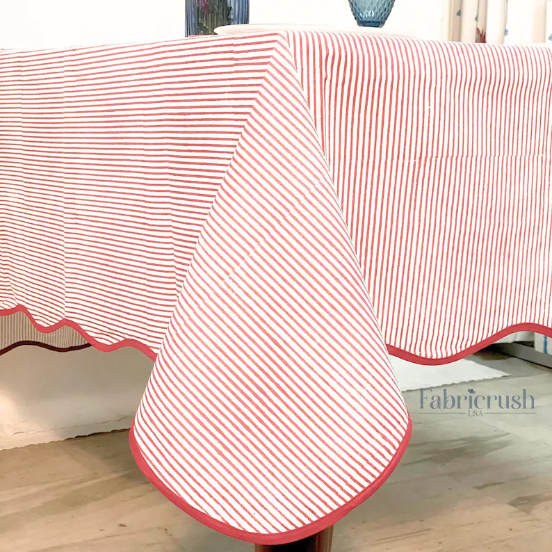 Red Striped Linen Tablecloth With Red Piping \u2013 Handmade Modern Minimalist Table Cover for Di... | Etsy (Global)
