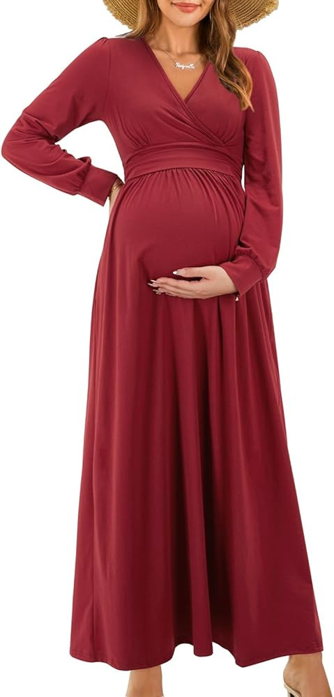 OUGES Maternity Maxi Dress Wrap V Neck Baby Shower Pregnancy Dresses for Photoshoot | Amazon (US)