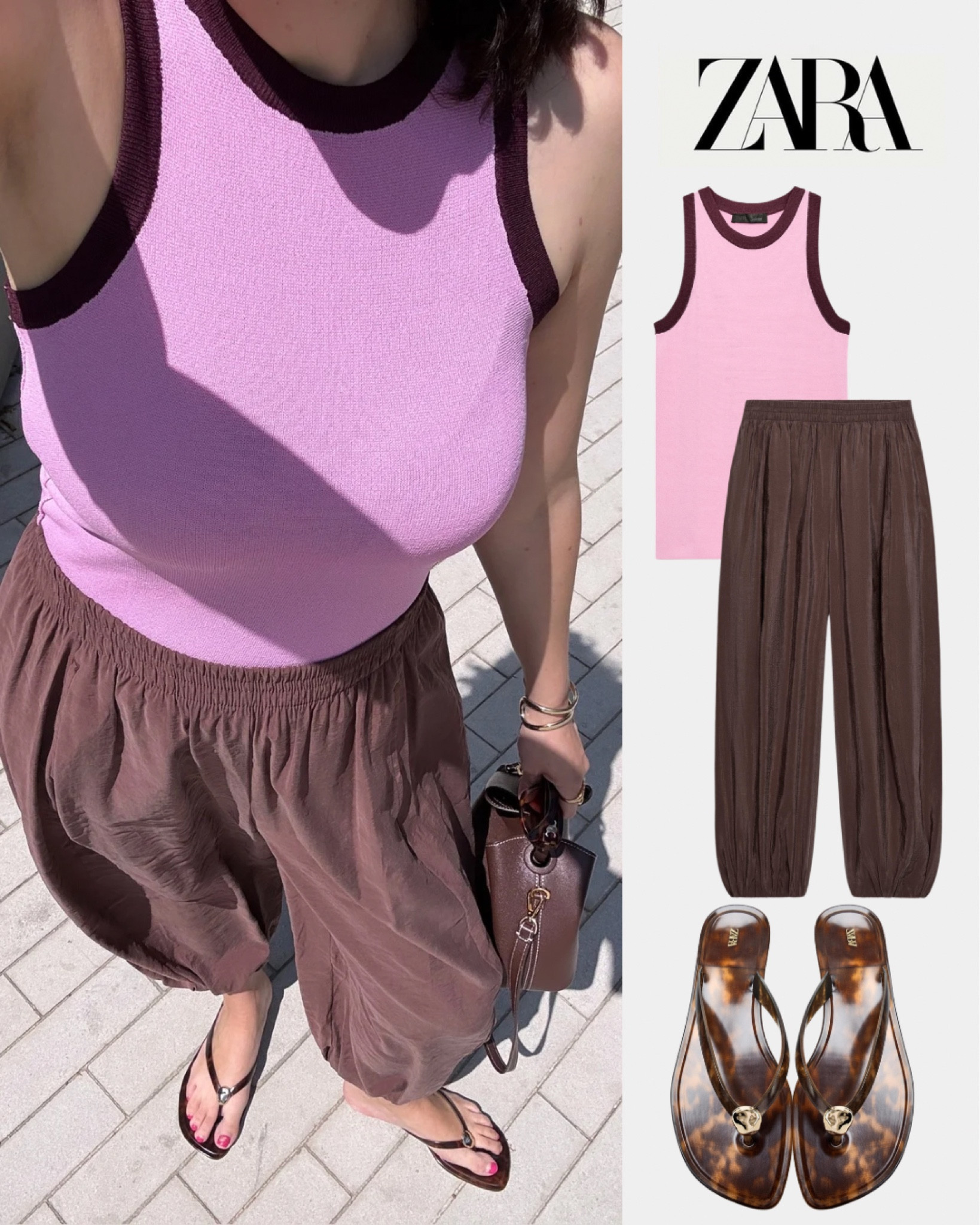 CITY BREAK INSPO🙋🏽‍♀️🙋🏽‍♀️
Tags: new in Zara contrast unit halter top pink burgundy chocolate brown sarouel trousers balloon floaty flowing pants flat thong jelly sandals Elleme mini tote bag cuf bracelet fashion capsule wardrobe elevated basics summer spring inspo outfit ideas 