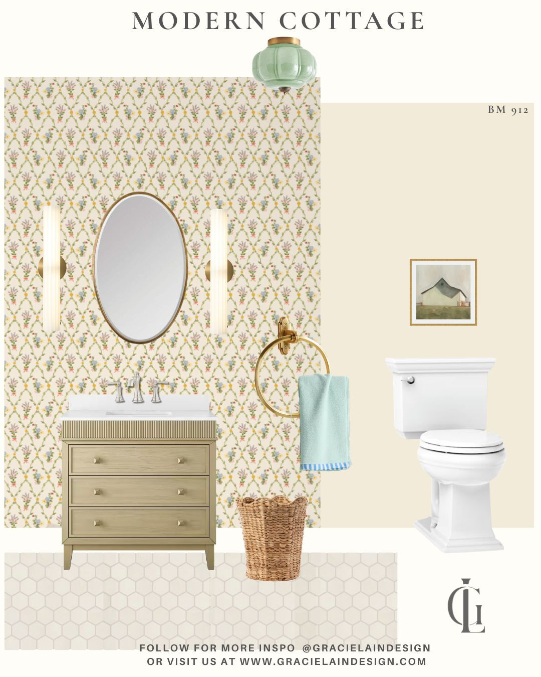 A little room with a lot of charm ✨ This sweet, modern cottage-inspired powder room layers soft nostalgia with fresh, elevated details. The petite floral trellis wallpaper sets a delicate tone, while clean-lined sconces and a contemporary vanity keep things feeling current. Overhead, a retro ceiling light adds just the right hint of whimsy, grounding the space in character. Creamy hex floor tiles bring warmth and texture, tying everything together in a neutral palette that never feels flat.

It’s proof that even the smallest spaces can tell a beautiful story—where vintage meets modern and personality quietly shines through.

Explore more thoughtful details and full design stories at gracielaindesign.com 🤍

#LTKHome #PowderRoomDesign #CottageStyle #ModernCottage #NeutralInteriors #WallpaperLove #InteriorDetails #SmallSpaceStyle #TimelessDesign #HomeInspo #ClassicWithATwist #GracielainDesign 

 #LTKHome #LTKSaleAlert
