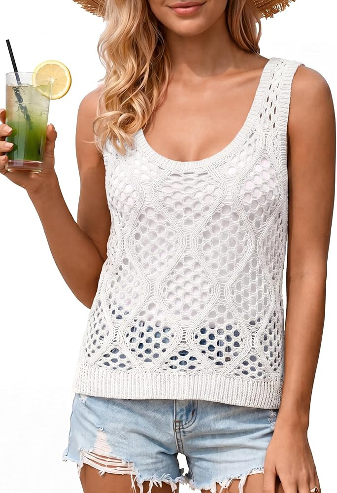 Womens Summer Crochet Tank Top Scoop Neck Knit Sweater Vest Sleeveless Boho Hollow Out Beach Cove... | Amazon (US)